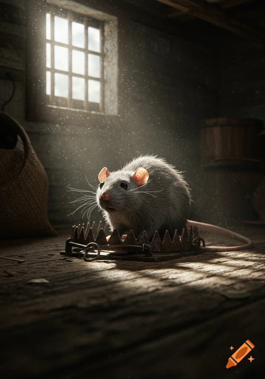 A photorealistic gray rat sits cautiously in a rusty trap on a wooden floor, bathed in a sunbeam from a window.