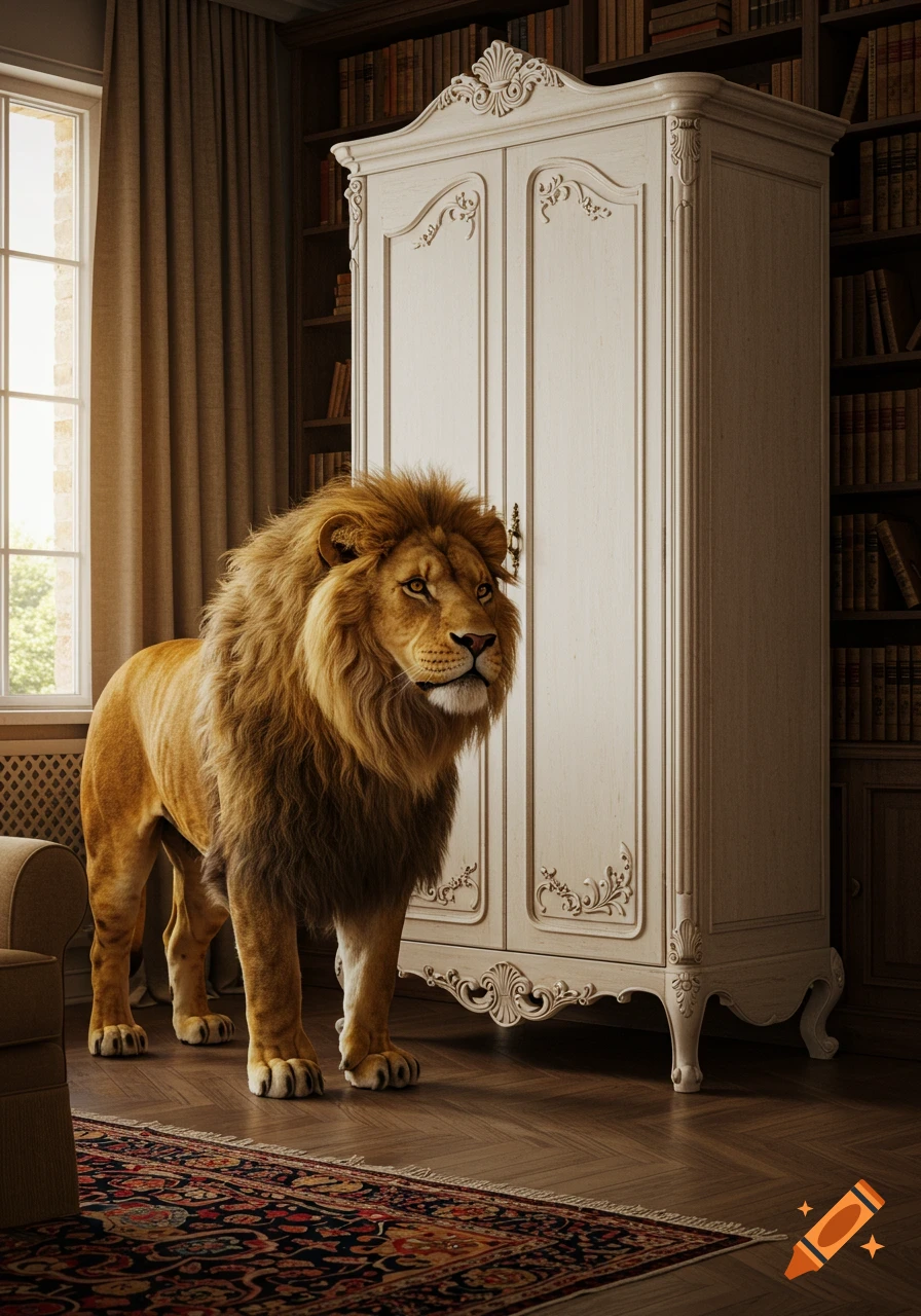 A photorealistic lion stands beside a white ornate wardrobe in a classic room with bookshelves.