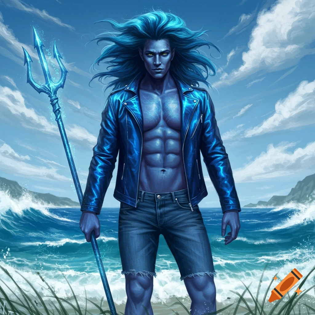 Muscular blue-skinned man with long blue hair in a leather jacket and denim shorts holds a glowing trident on a beach with stormy waves, fantasy art.