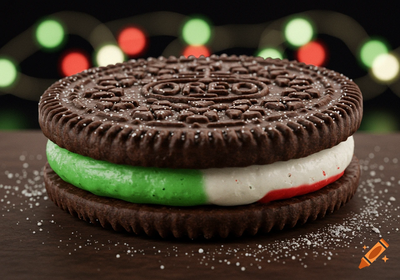A close-up, photorealistic shot of an Oreo cookie with green, white, and red cream filling, sprinkled with sugar, against a blurred background of festive lights.