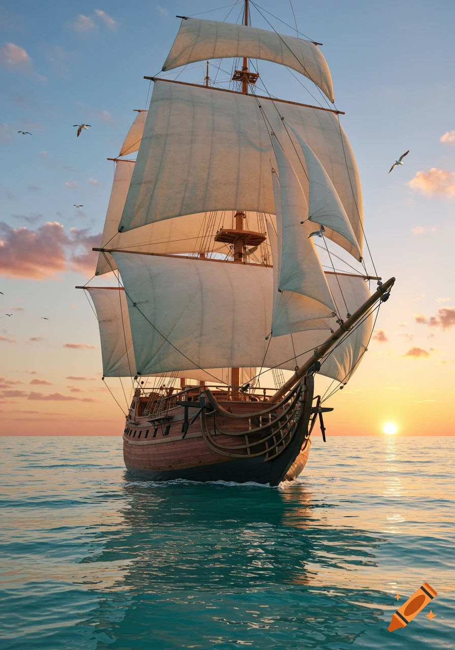 A photorealistic majestic wooden sailboat with white sails glides on calm teal water during a vibrant sunset, with seagulls flying.
