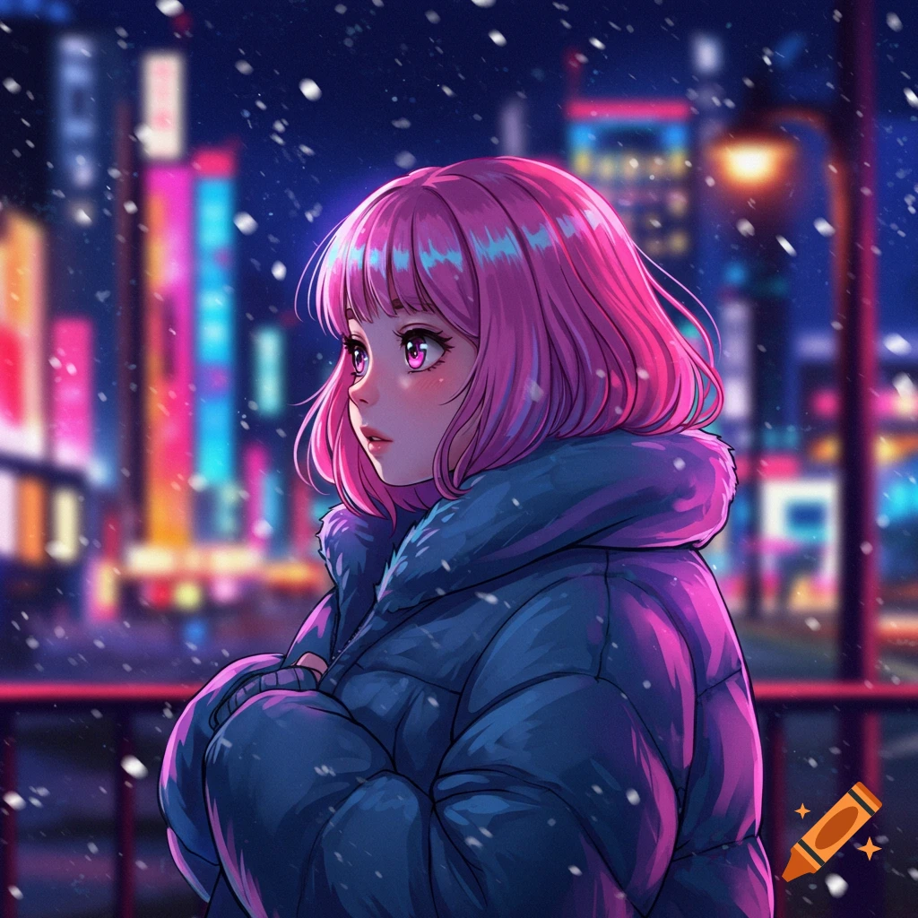 Anime girl with pink hair in a blue puffy jacket, standing in a snowy, neon-lit city at night, digital art.