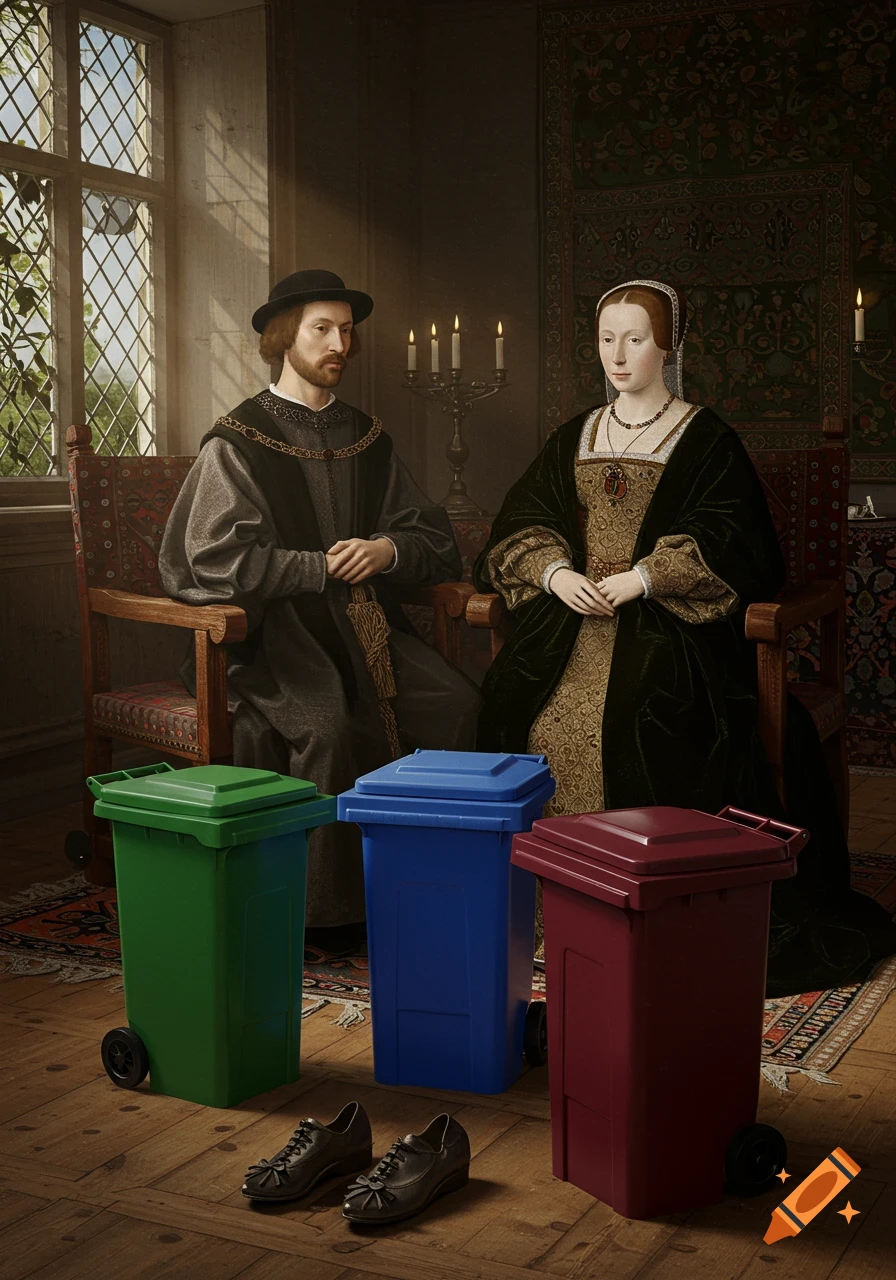 A classical-style portrait of a man and woman in historical dress seated in a room, with three modern wheelie bins and shoes on the wooden floor.