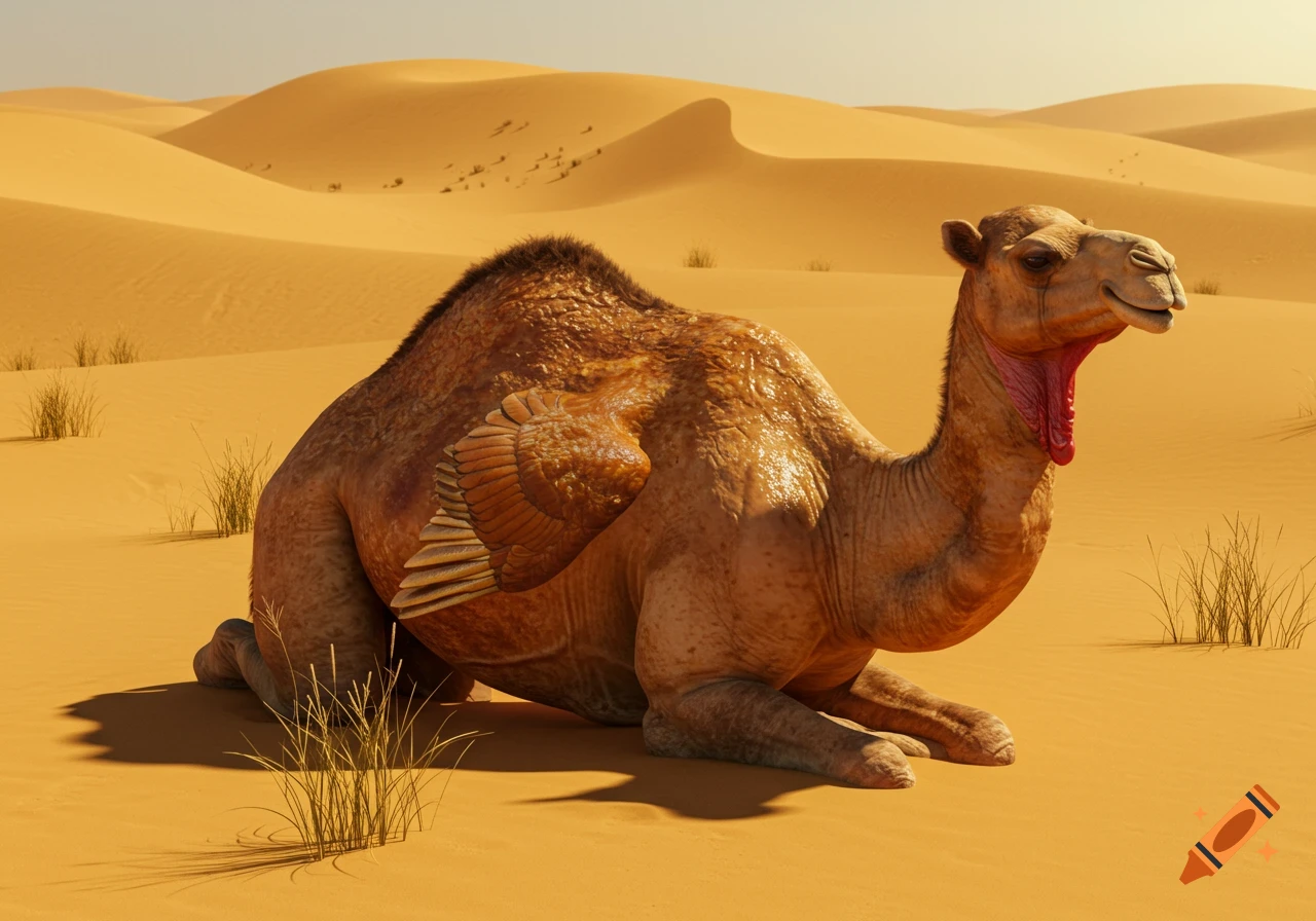 A photorealistic camel with skin resembling a roasted turkey, featuring a red wattle and wing-like appendage, resting in a sunny desert.