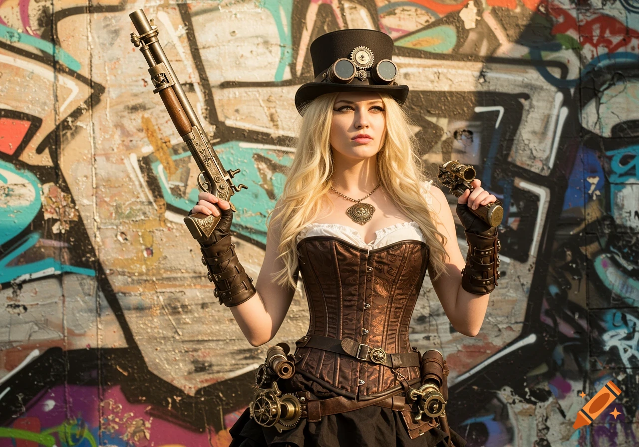 Photorealistic blonde woman in steampunk attire with a rifle and pistol stands against a graffiti-covered wall.