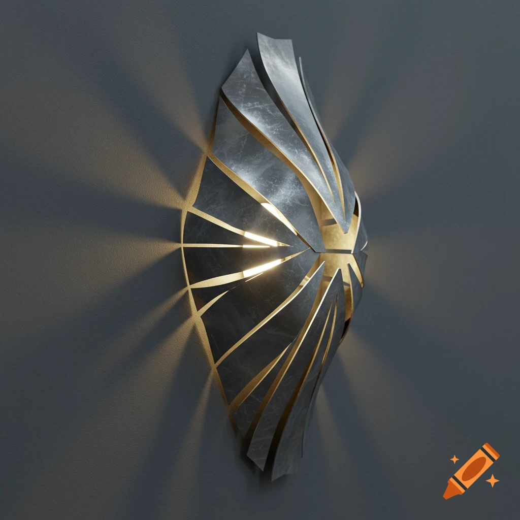 Modern sculptural wall lamp made of dark, wavy metal strips, casting radiant light patterns on a gray wall.