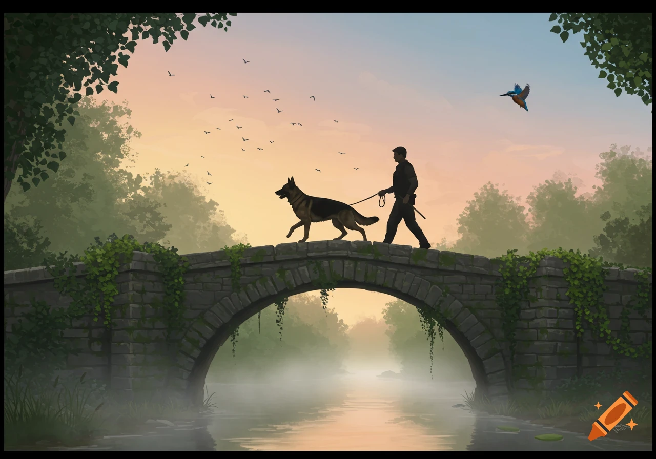 Illustration of a K9 handler and their German Shepherd walking across a stone bridge over a misty river at sunrise.