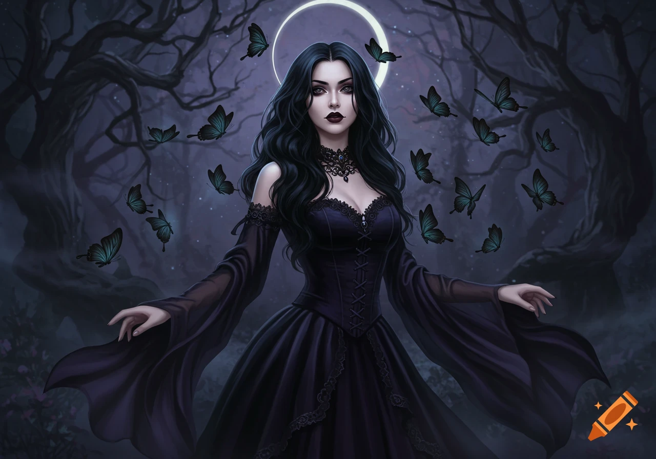 A gothic maiden in a black dress stands in a dark forest under a glowing halo, surrounded by teal butterflies. Digital painting.