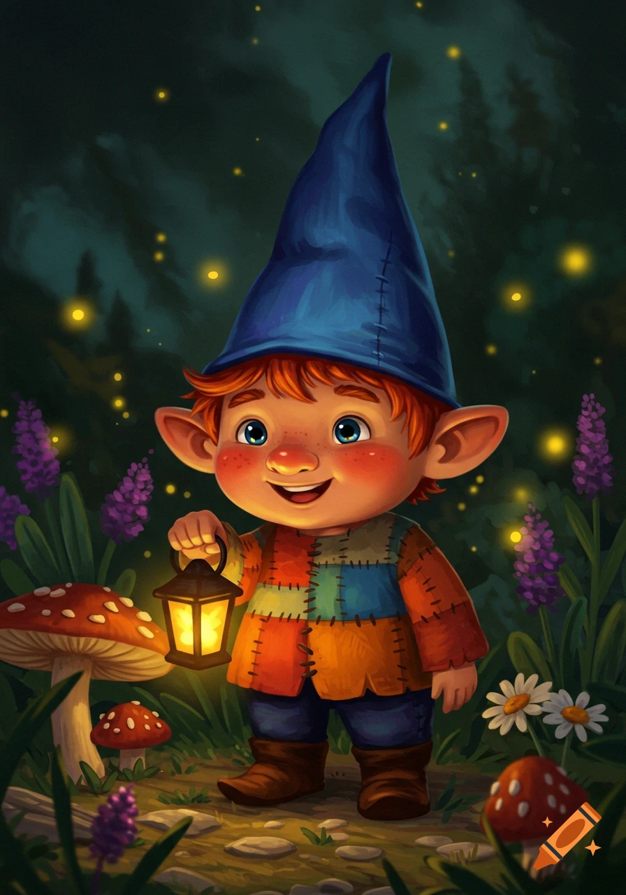 A cute, smiling cartoon gnome with a blue hat and patchwork coat holds a lantern in a glowing, magical forest.
