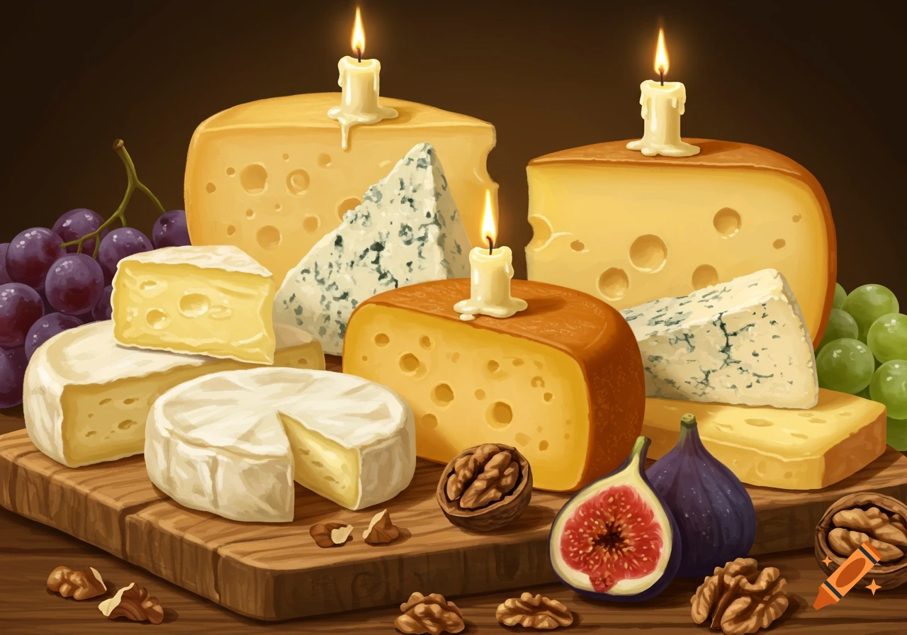 Illustrated still life of various cheeses, red and green grapes, figs, walnuts, and lit candles on a wooden board.