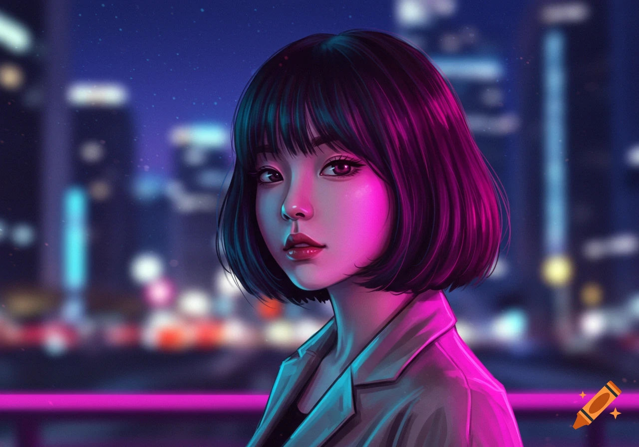 Digital art portrait of a young woman with a bob haircut against a blurry, neon-lit city night background.