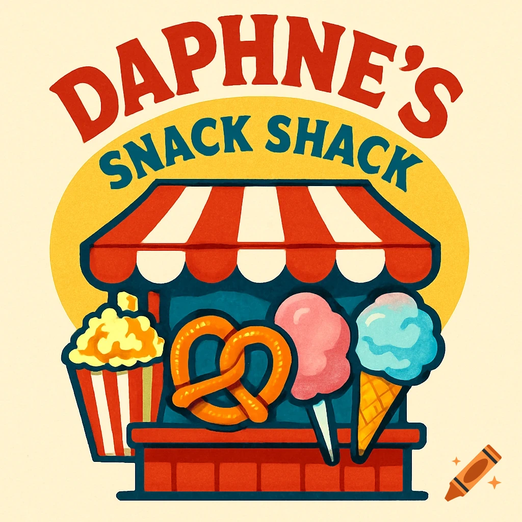 Colorful retro illustration logo for Daphne's Snack Shack featuring a stall with popcorn, pretzel, cotton candy, and ice cream.