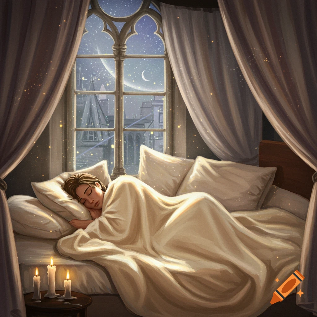 Illustrated image of a person sleeping in a cozy bed by a gothic window overlooking a starry night sky and crescent moon, with candles glowing.