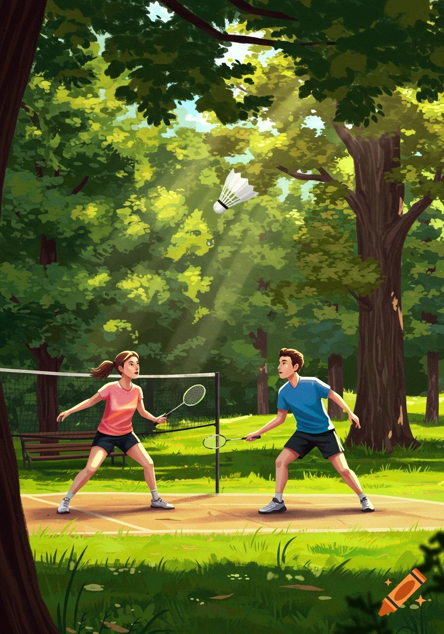 An illustration of a man and a woman playing badminton on a sunny day in a park with green trees.