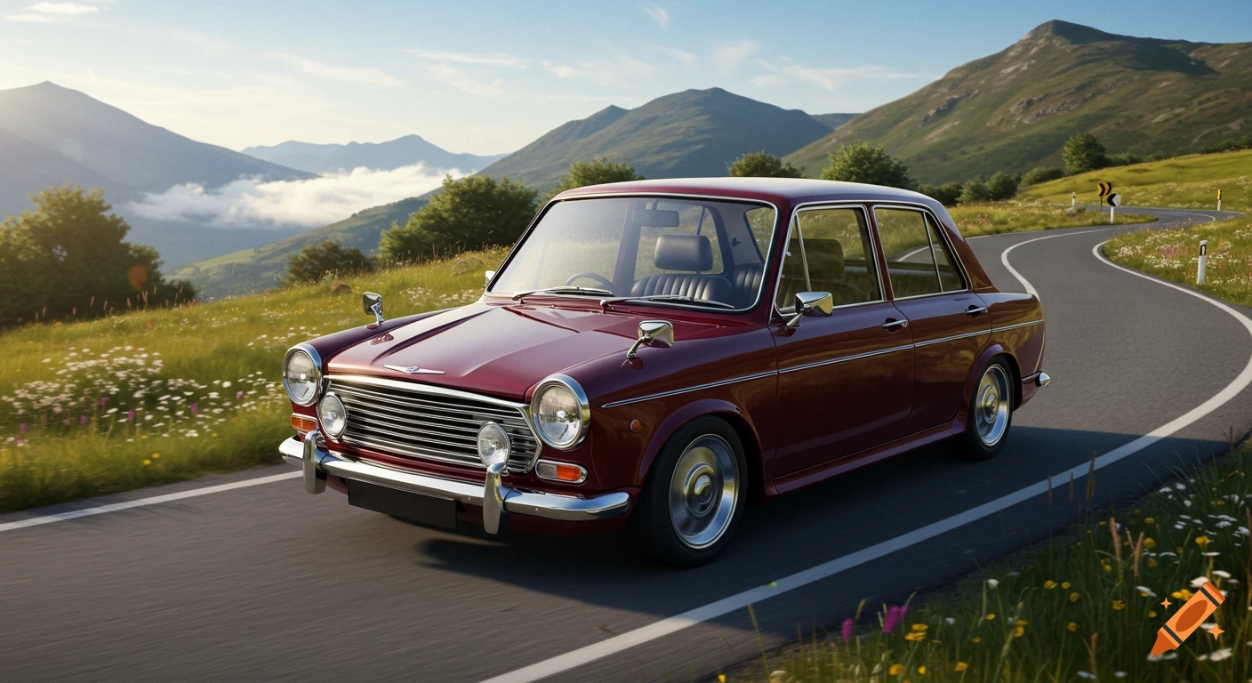 A maroon classic car drives on a winding mountain road with green hills and distant mountains under a blue sky.