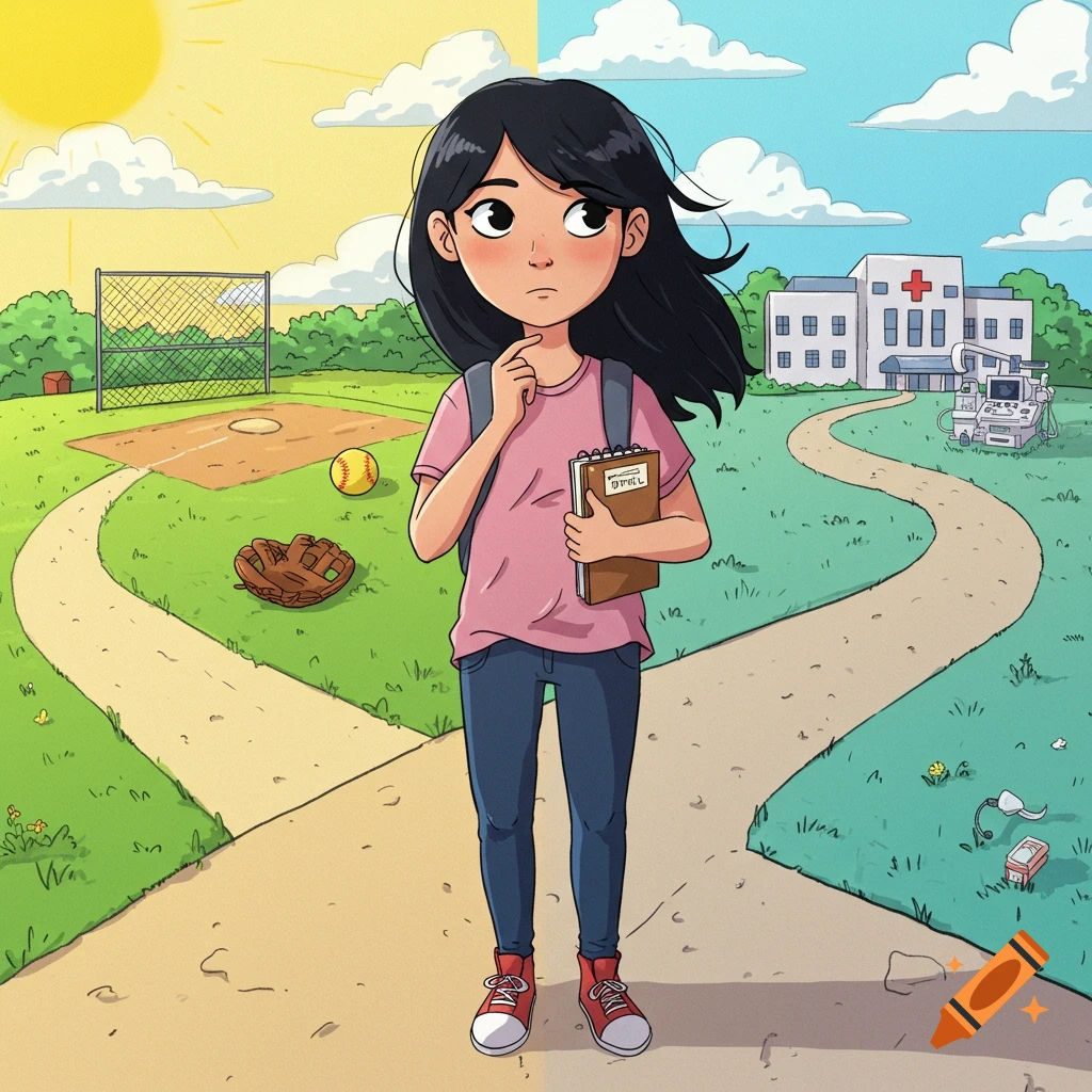Cartoon illustration of a girl at a crossroads between a baseball field and a hospital, holding a notebook, looking thoughtful.