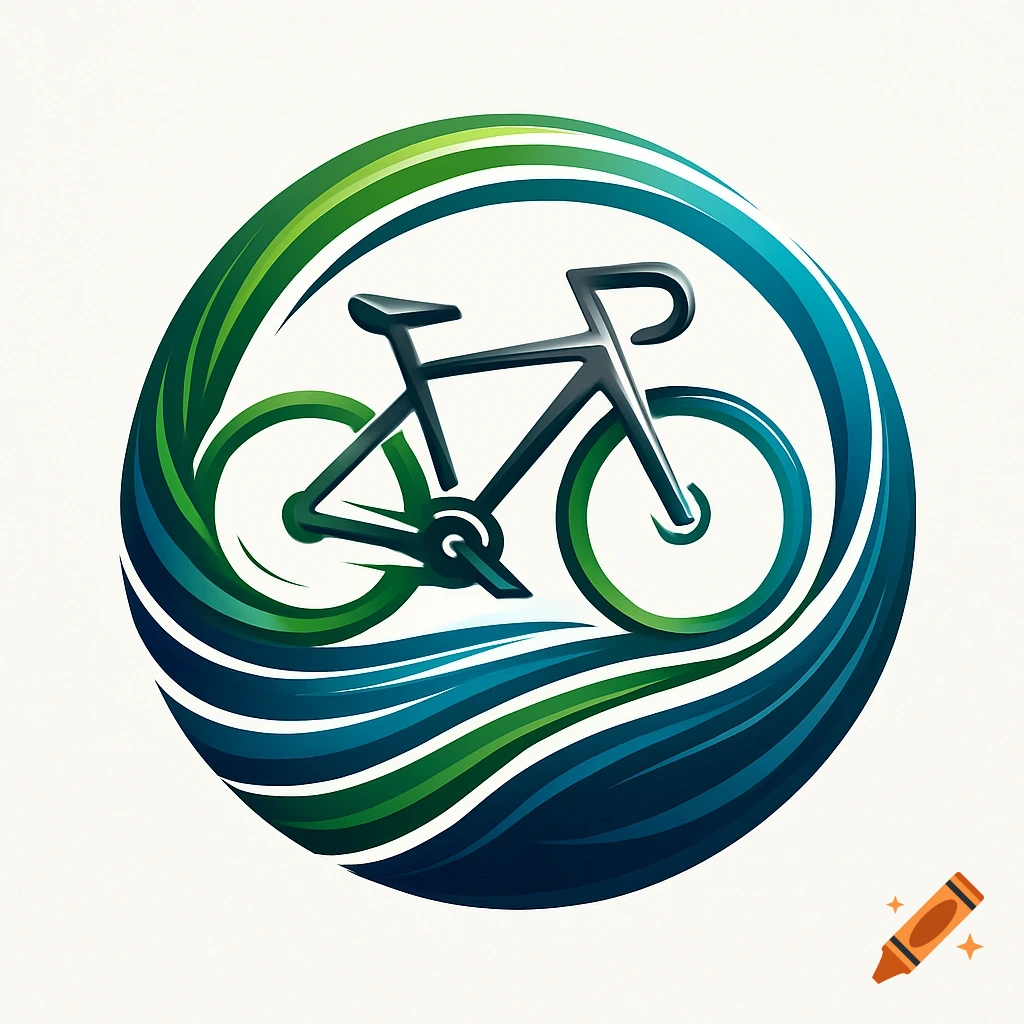 A stylized logo of a bicycle in dark green and blue, surrounded by wavy circular lines, on a white background.