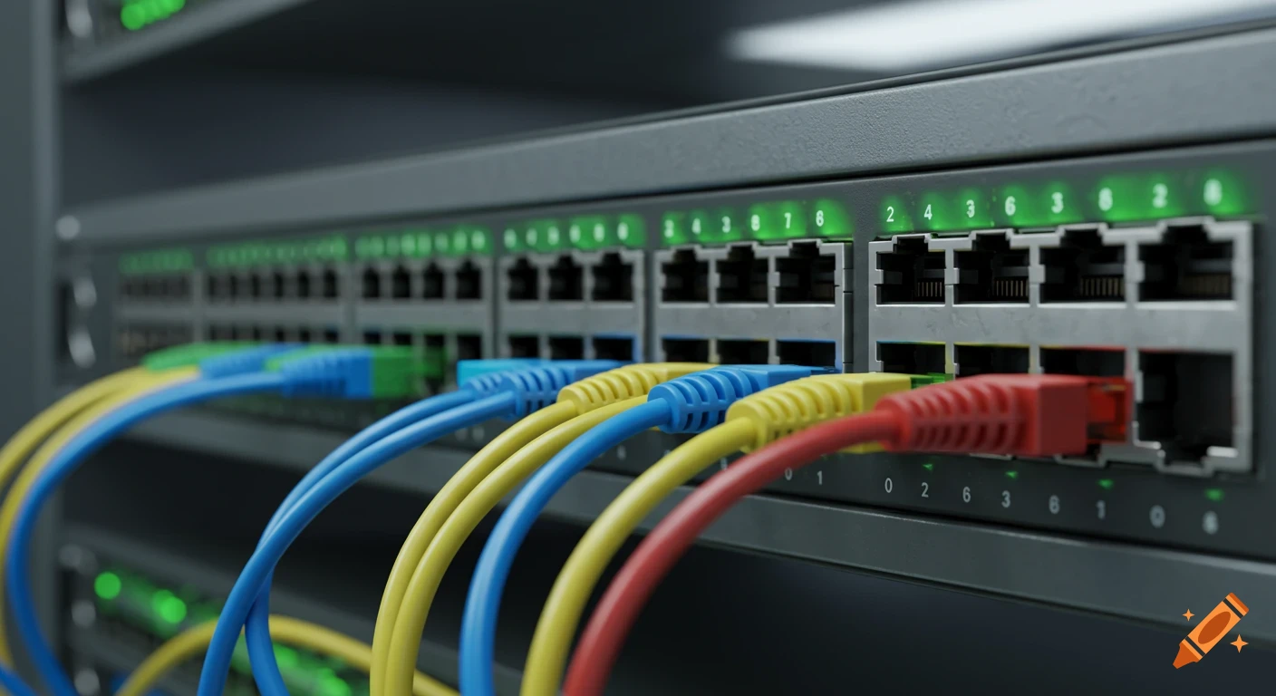 Close-up of a photorealistic network switch with red, yellow, and blue ethernet cables plugged in.