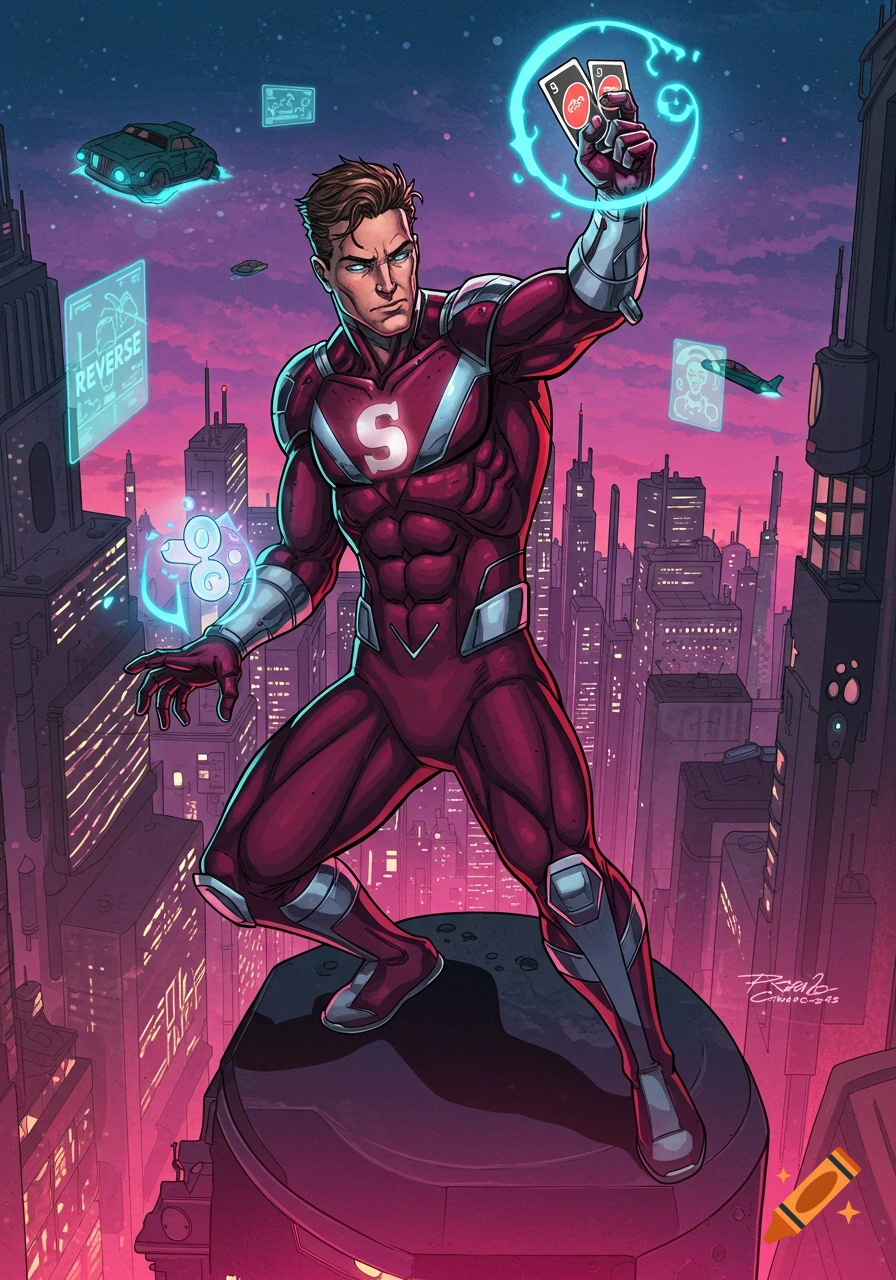 A male superhero in a red suit with an 'S' emblem stands on a building in a futuristic city, holding glowing Uno cards.