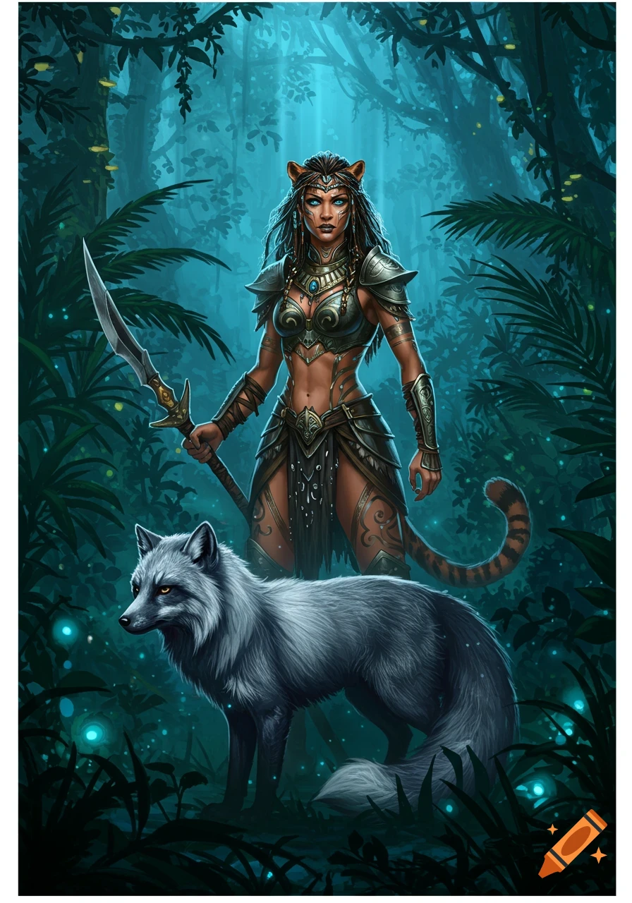 A female fantasy warrior with tiger ears and tail stands in a jungle with a silver fox.