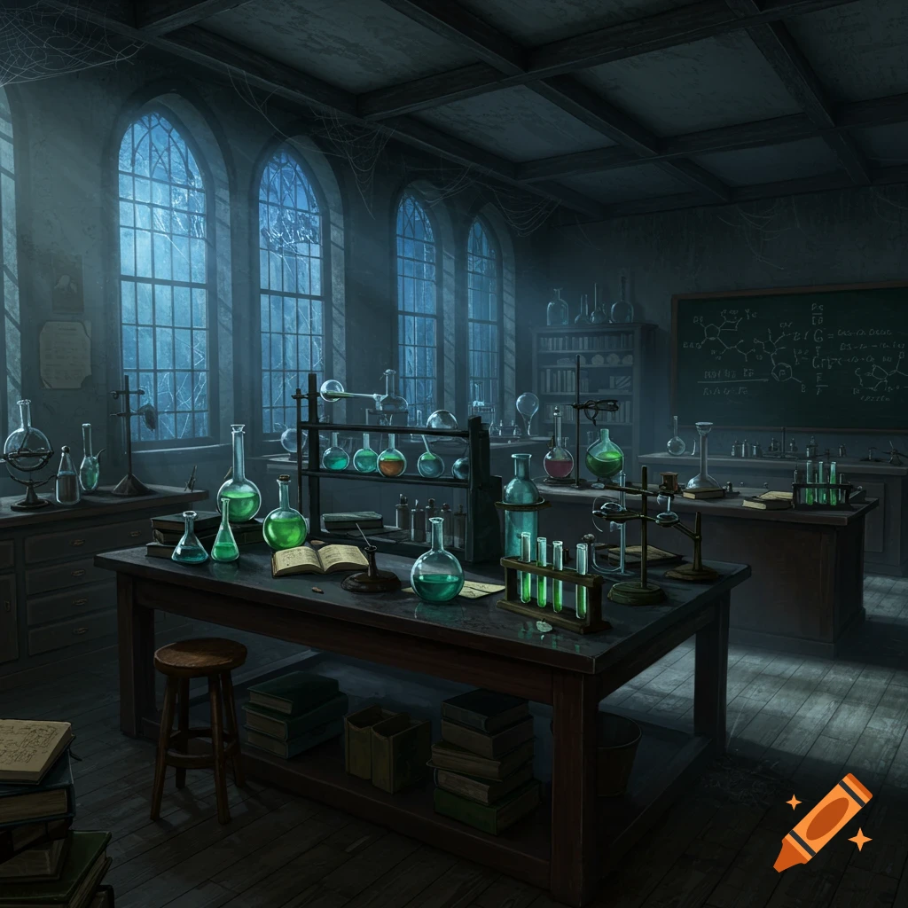 A dimly lit, gothic chemistry lab with arched windows, filled with beakers, test tubes, and chemical equipment on dark wooden tables.