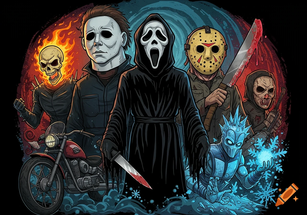 Stylized illustration of horror villains Michael Myers, Ghostface, Jason Voorhees, Ghost Rider, and Sub-Zero in a Tim Burton-esque style.