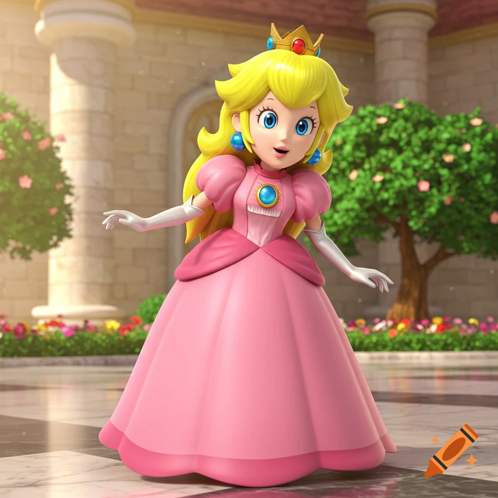 A Pixar-style 3D rendering of Princess Peach in her pink gown, standing outdoors in front of a castle.