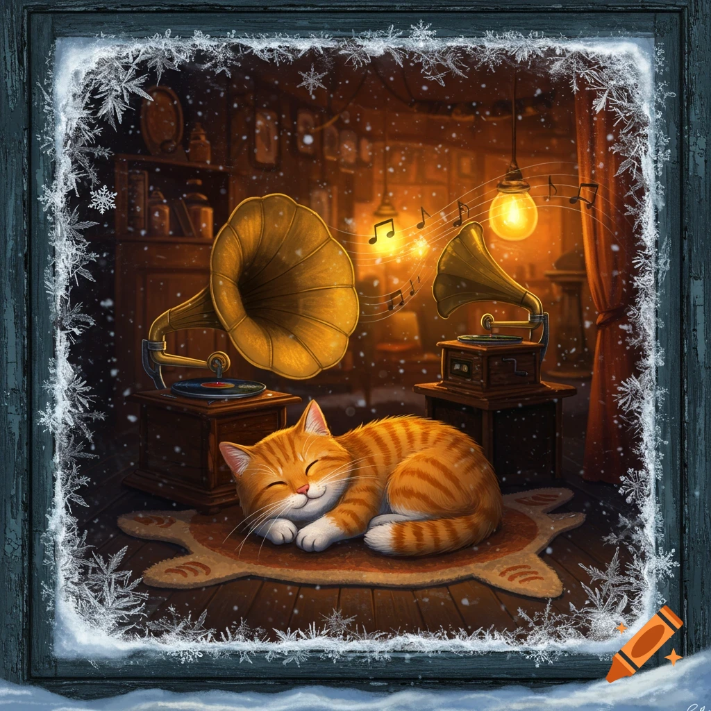 A cute orange cat sleeps soundly on a rug inside a cozy room with gramophones playing music, viewed through a frosty window.