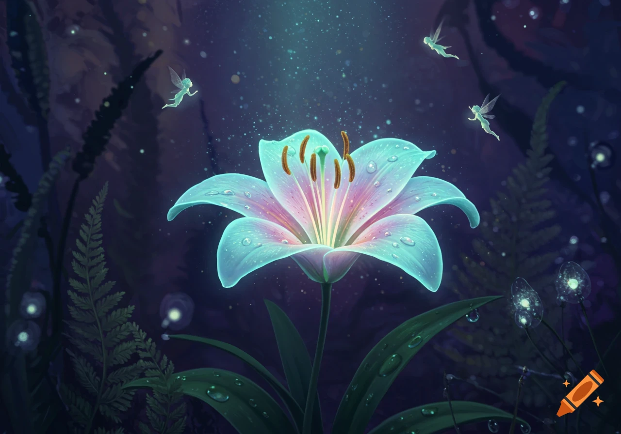 A luminous blue and pink lily glows in a dark, magical forest, surrounded by tiny sparkling fairies and floating light.