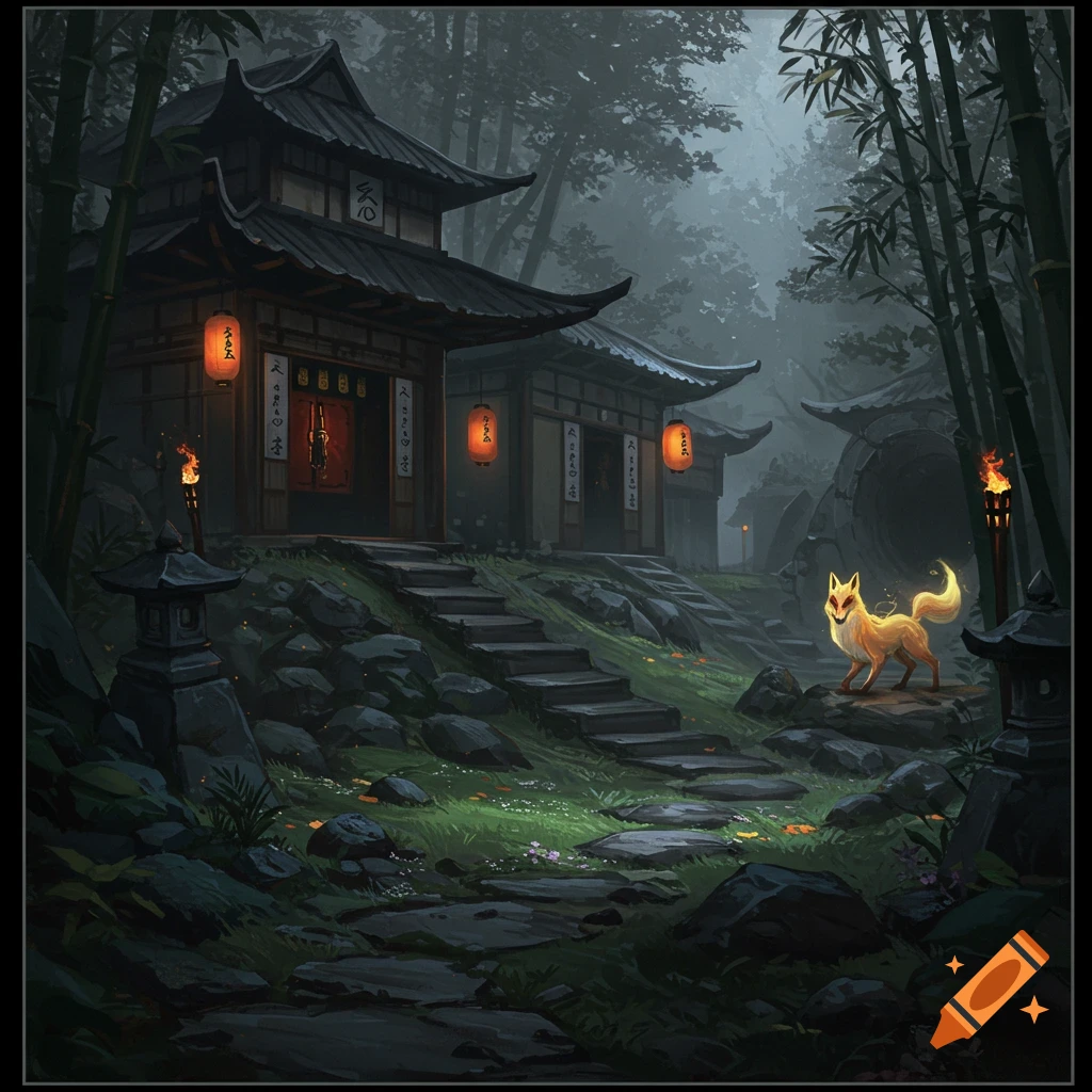 A mystical fox spirit stands on a path in front of traditional Japanese buildings with lanterns, nestled in a misty bamboo forest.