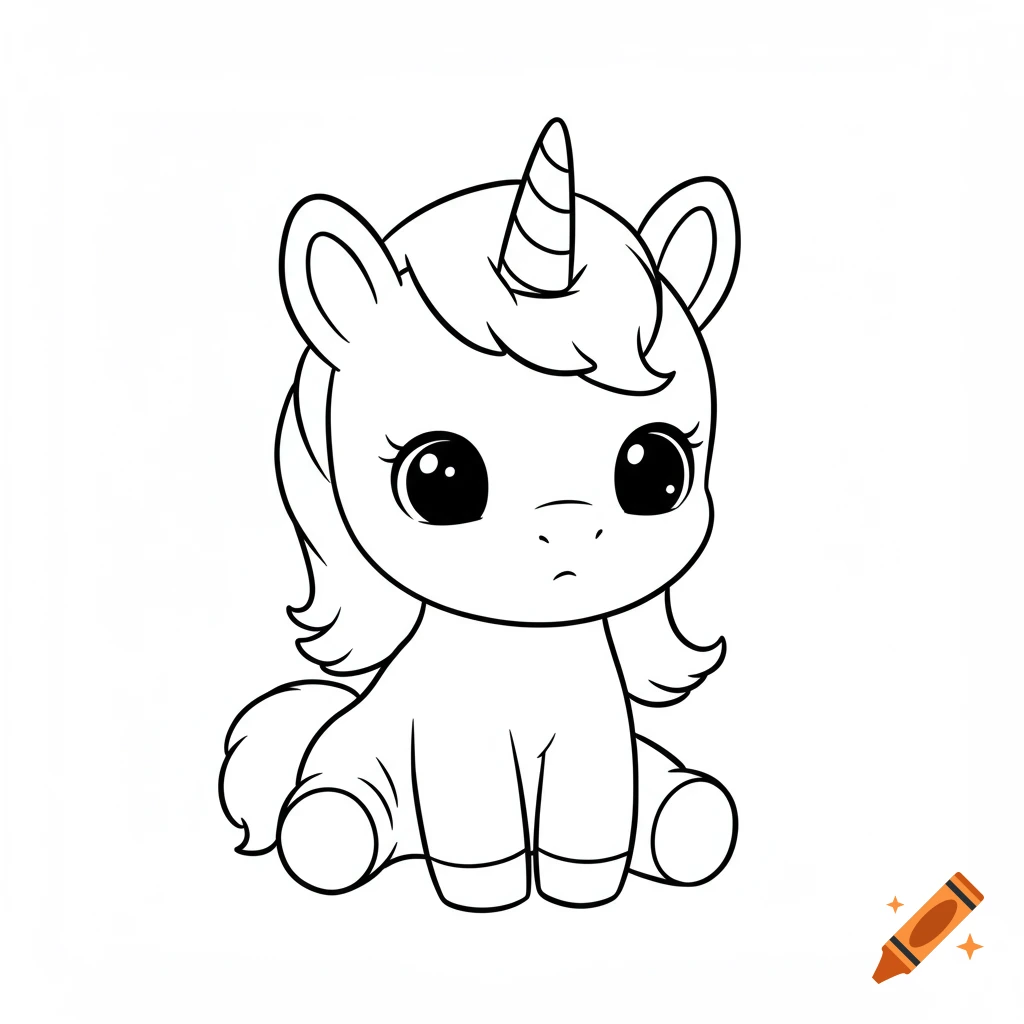 Line art of a cute baby unicorn with big eyes, sitting, for coloring.