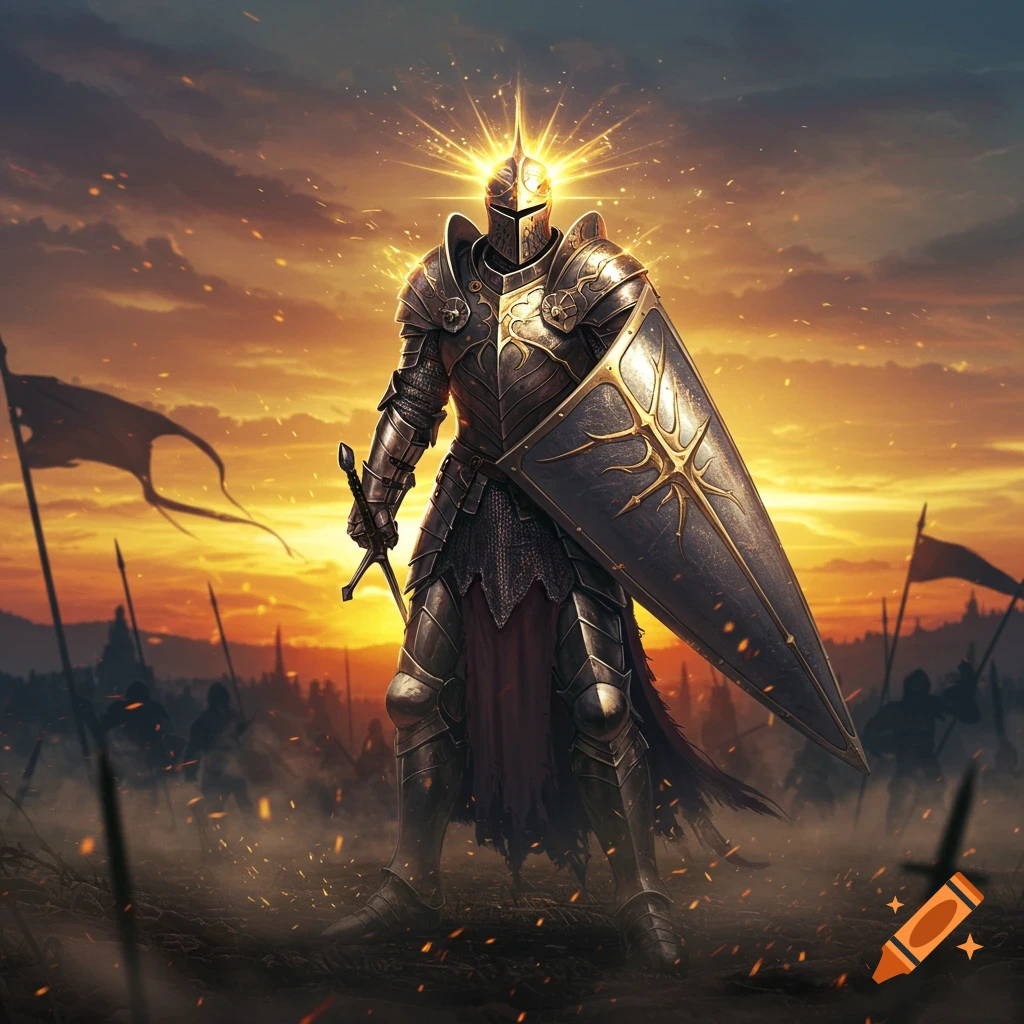 A glowing knight in ornate silver armor stands on a battlefield at sunset, holding a sword and shield.