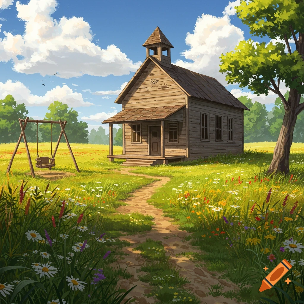 A charming, old wooden schoolhouse with a swing set in a sunny field of wildflowers, illustrated in a painterly style.