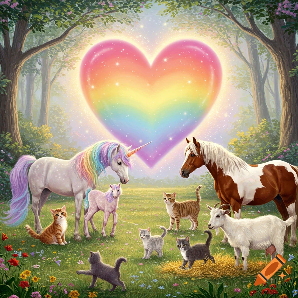 A vibrant fantasy image of a rainbow-maned unicorn, baby unicorn, horse, kittens, and goat in a magical forest with a glowing rainbow heart.