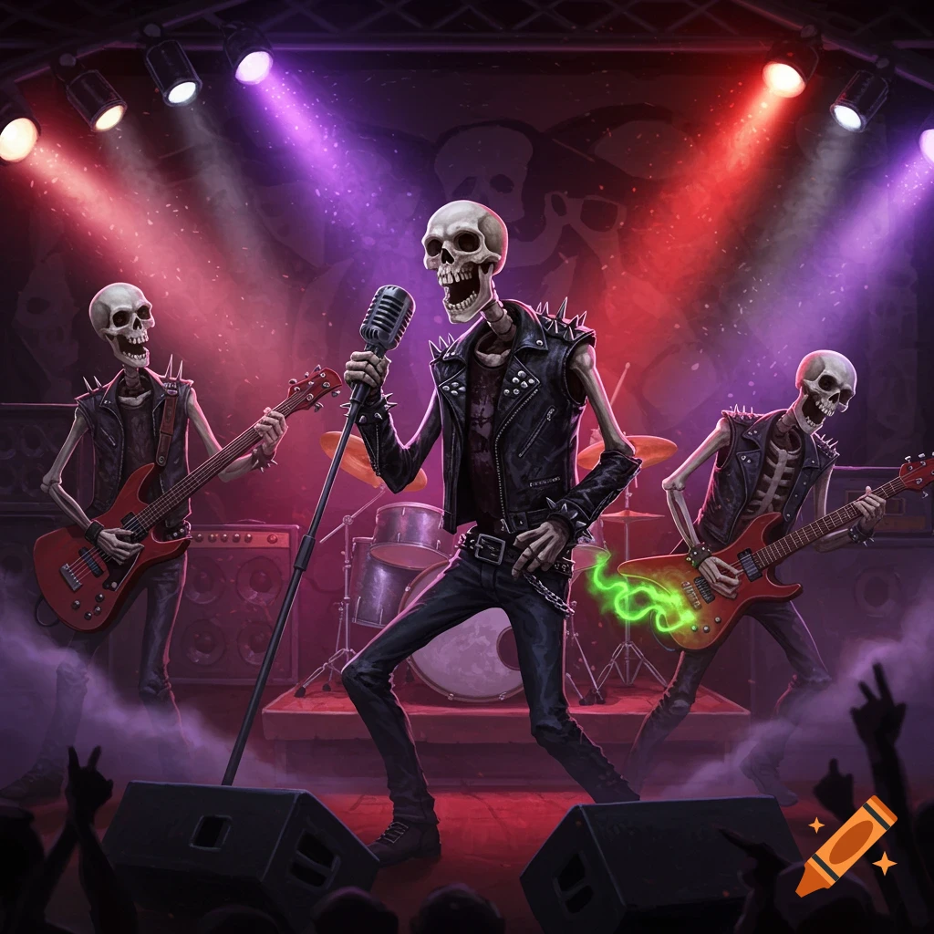 A cartoonish skeleton rock band performs on stage with red and purple spotlights, featuring a singer and two guitarists.
