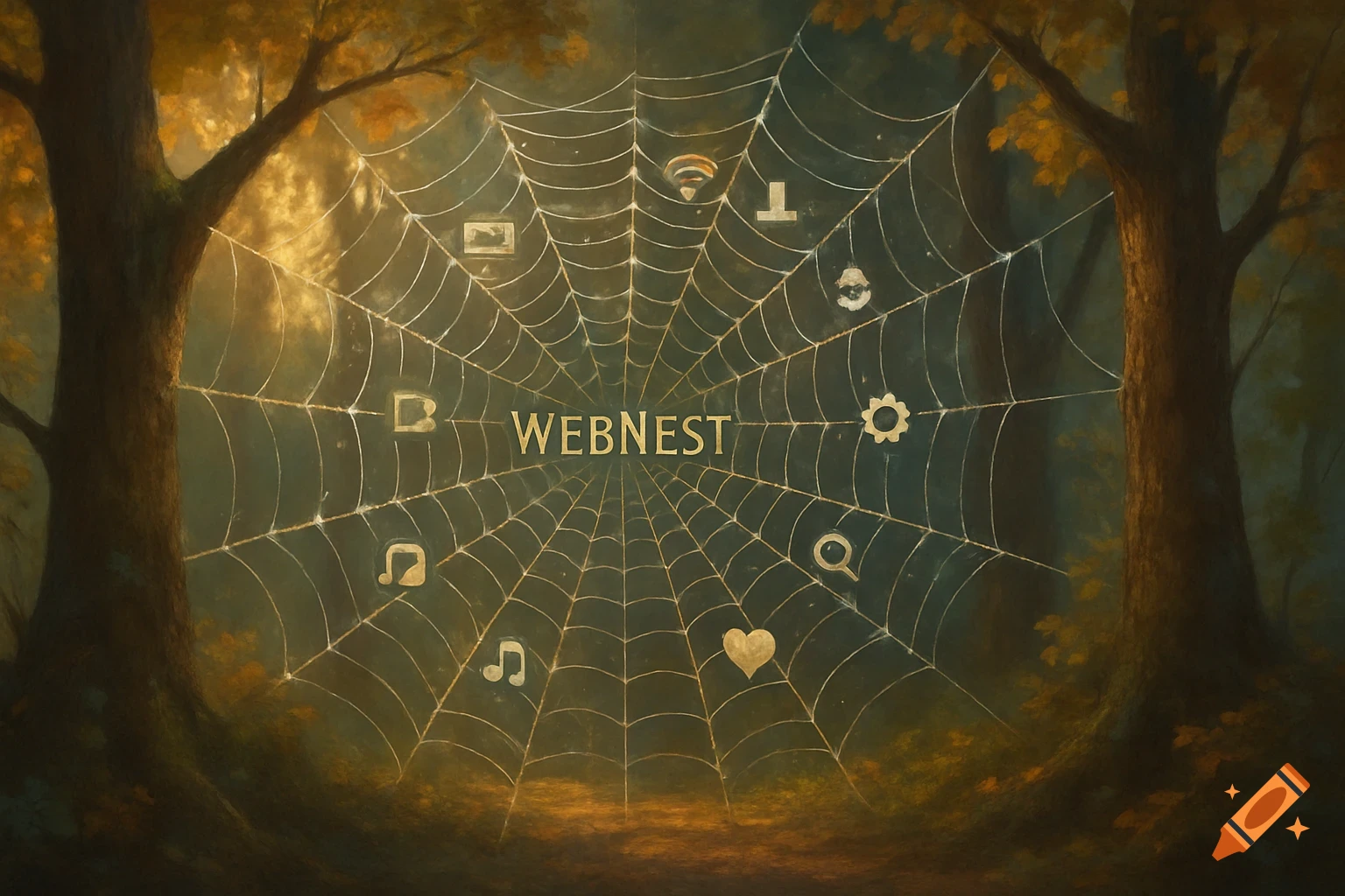 Painterly image of a spider web with tech icons and 'WEBNEST' in a dark forest with autumn trees.