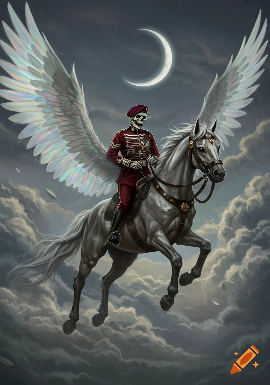 A skeleton in a red military uniform with a maroon beret rides a white winged horse through clouds under a crescent moon.