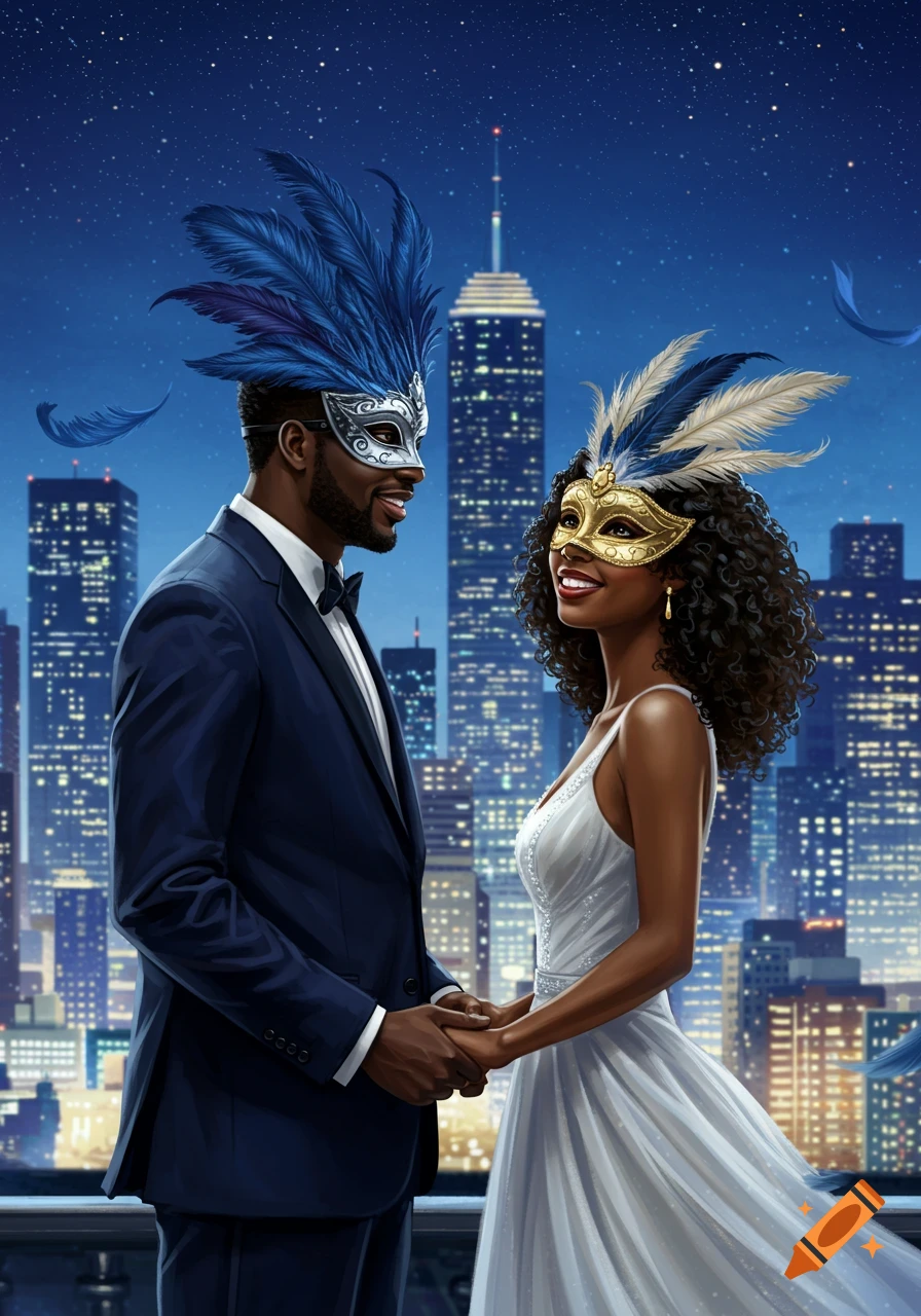 African American couple in formal attire and feathered masquerade masks holding hands against a starry city night skyline.