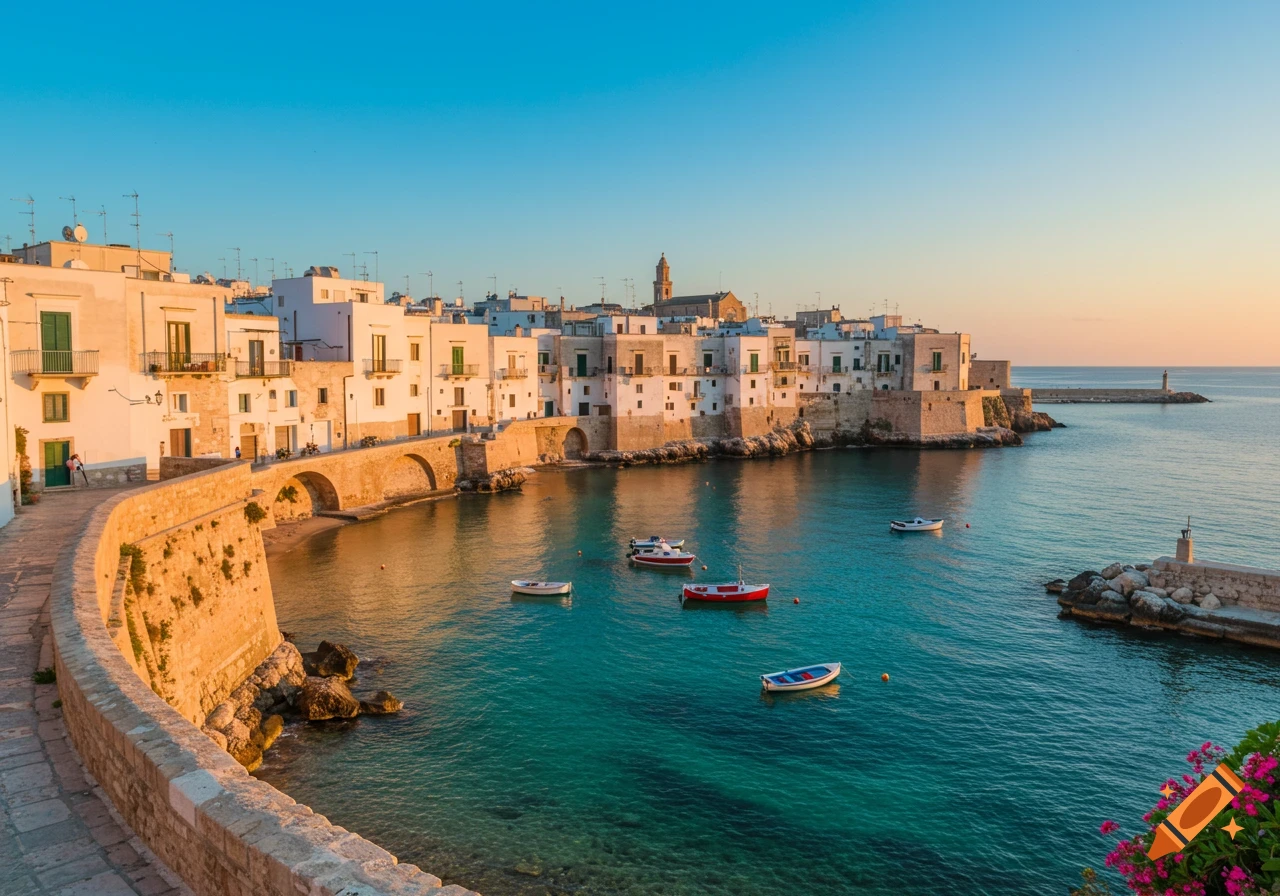 A scenic view of a white-walled coastal town with a curving promenade, boats in clear turquoise water, and a distant lighthouse.