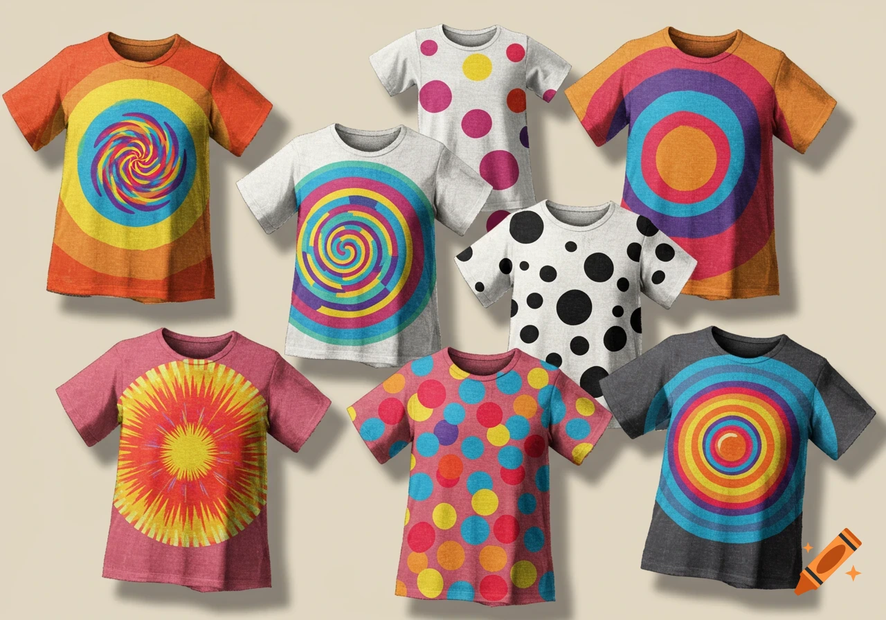 Eight colorful t-shirts with various circular patterns including spirals, concentric rings, and polka dots, displayed on a beige background.