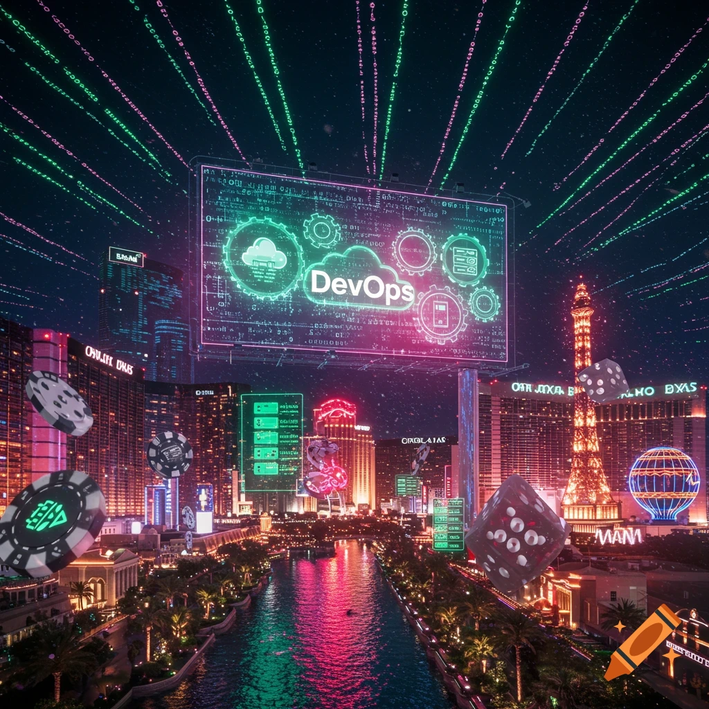 A neon-lit, futuristic Las Vegas cityscape at night with a holographic 'DevOps' sign, binary code, casino chips, and dice.