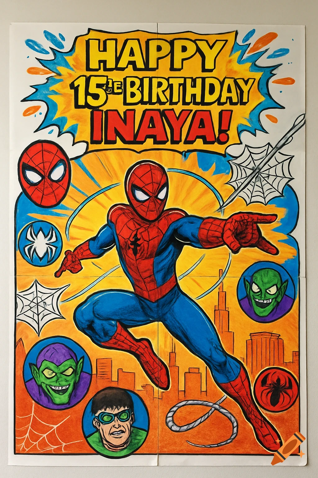 A vibrant comic book style birthday poster features Spider-Man pointing, surrounded by villains and logos, with "HAPPY 15th BIRTHDAY INAYA!" text.