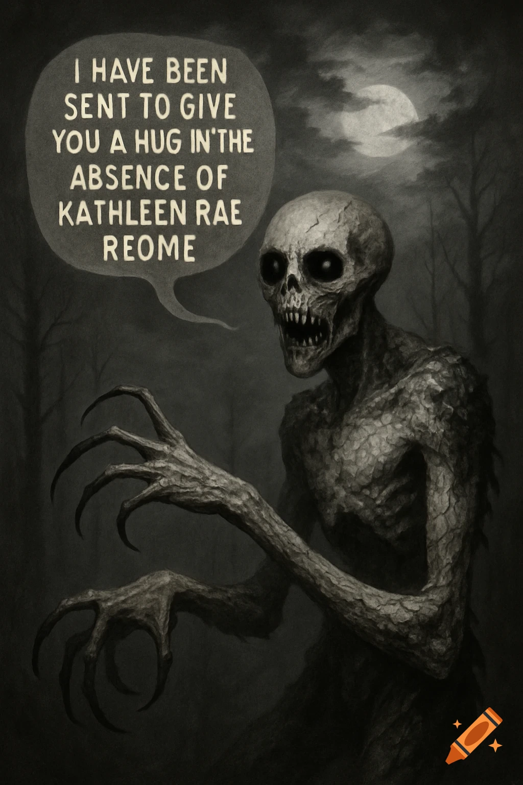 A dark, skeletal creature with glowing eyes and long claws extends a hand, a speech bubble above its head reads, "I have been sent to give you a hug in'the absence of Kathleen Rae Reome" under a full moon in a barren forest.