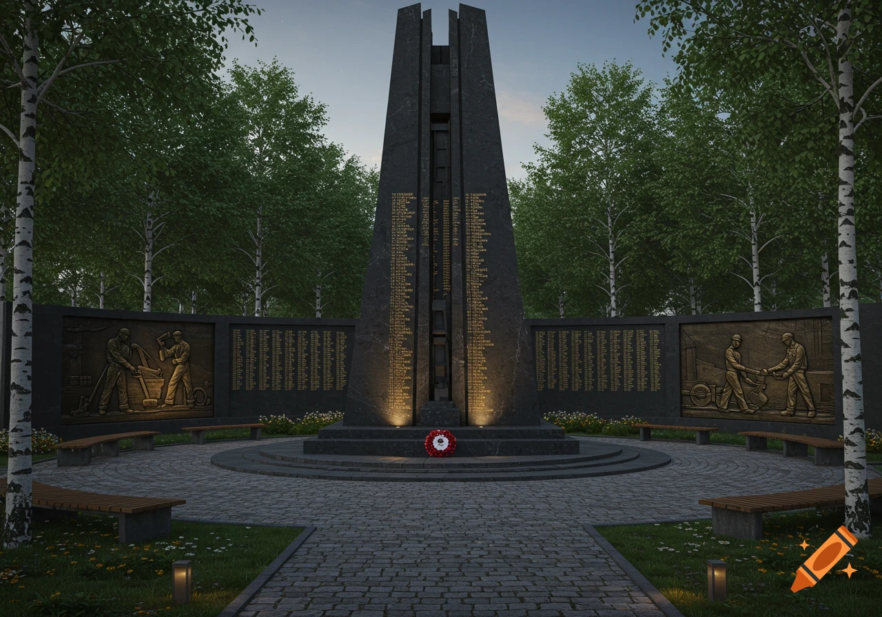 A dark stone memorial with a tall monument and walls adorned with reliefs and names, set in a paved plaza surrounded by birch trees at dusk.