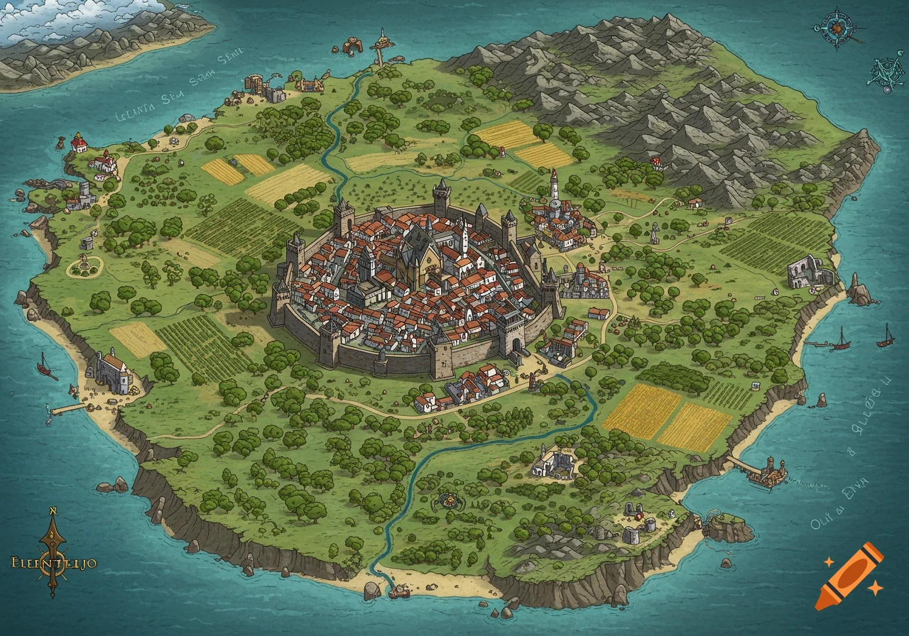 Stylized isometric fantasy island map featuring a walled medieval city, surrounded by forests, fields, mountains, and coastline.