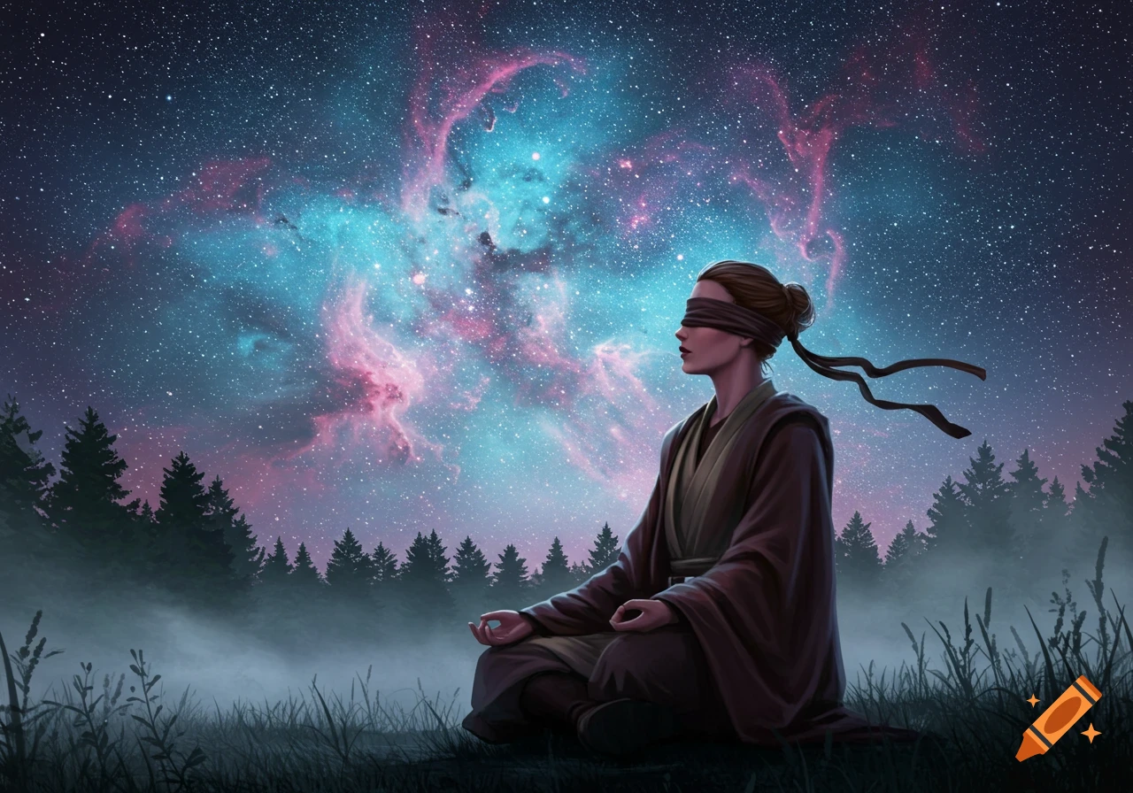 A blindfolded woman meditates in a cross-legged pose on grass at night, under a vibrant starry sky with nebulae and a forest. Digital art.