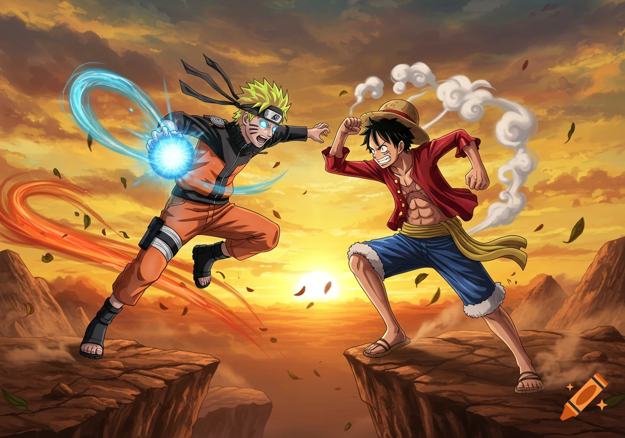 Anime style depiction of Naruto and Luffy charging at each other on rocky terrain with a dramatic sunset background.