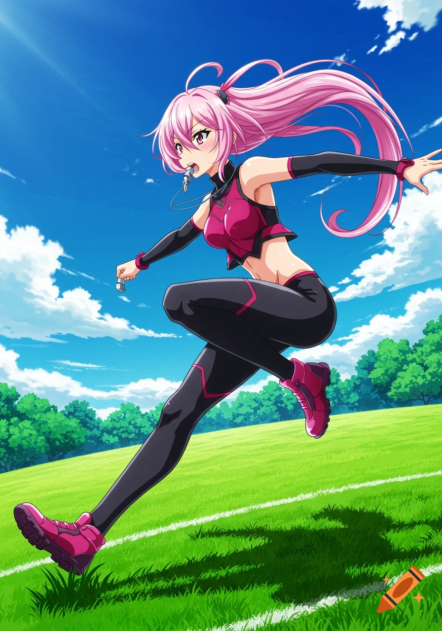 An anime girl with pink hair and athletic wear runs across a green field under a blue sky, holding a whistle in her mouth.
