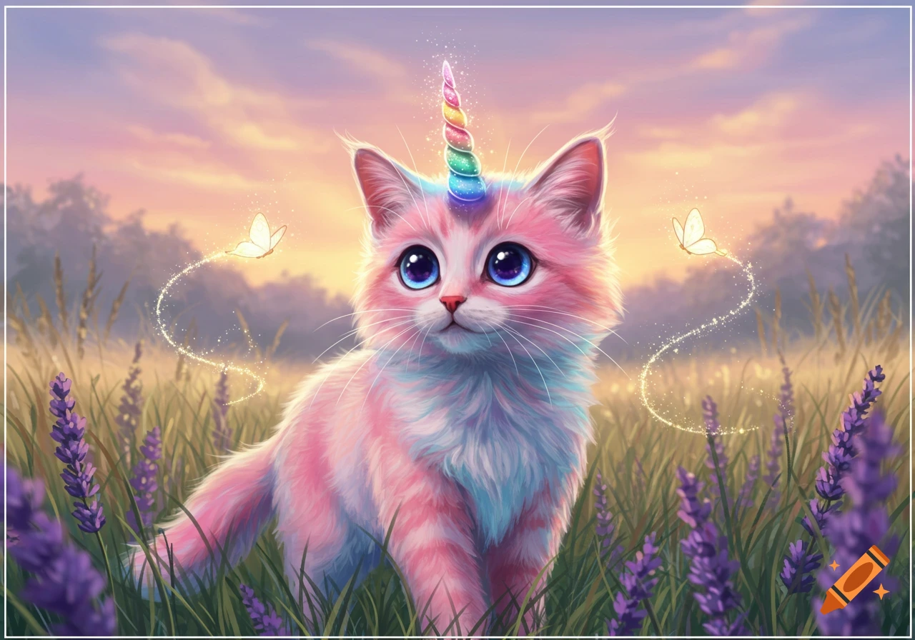 Fluffy pink and blue unicorn cat with a rainbow horn and big blue eyes in a lavender field with sparkling butterflies, digital art.