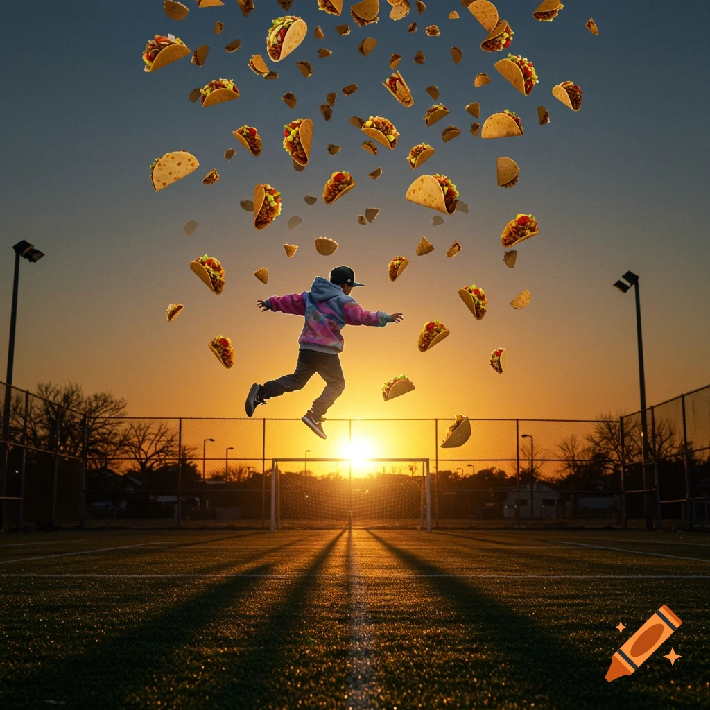 A boy in a tie-dye hoodie and cap jumps over a soccer field as tacos rain from the sky during sunset, photorealistic style.